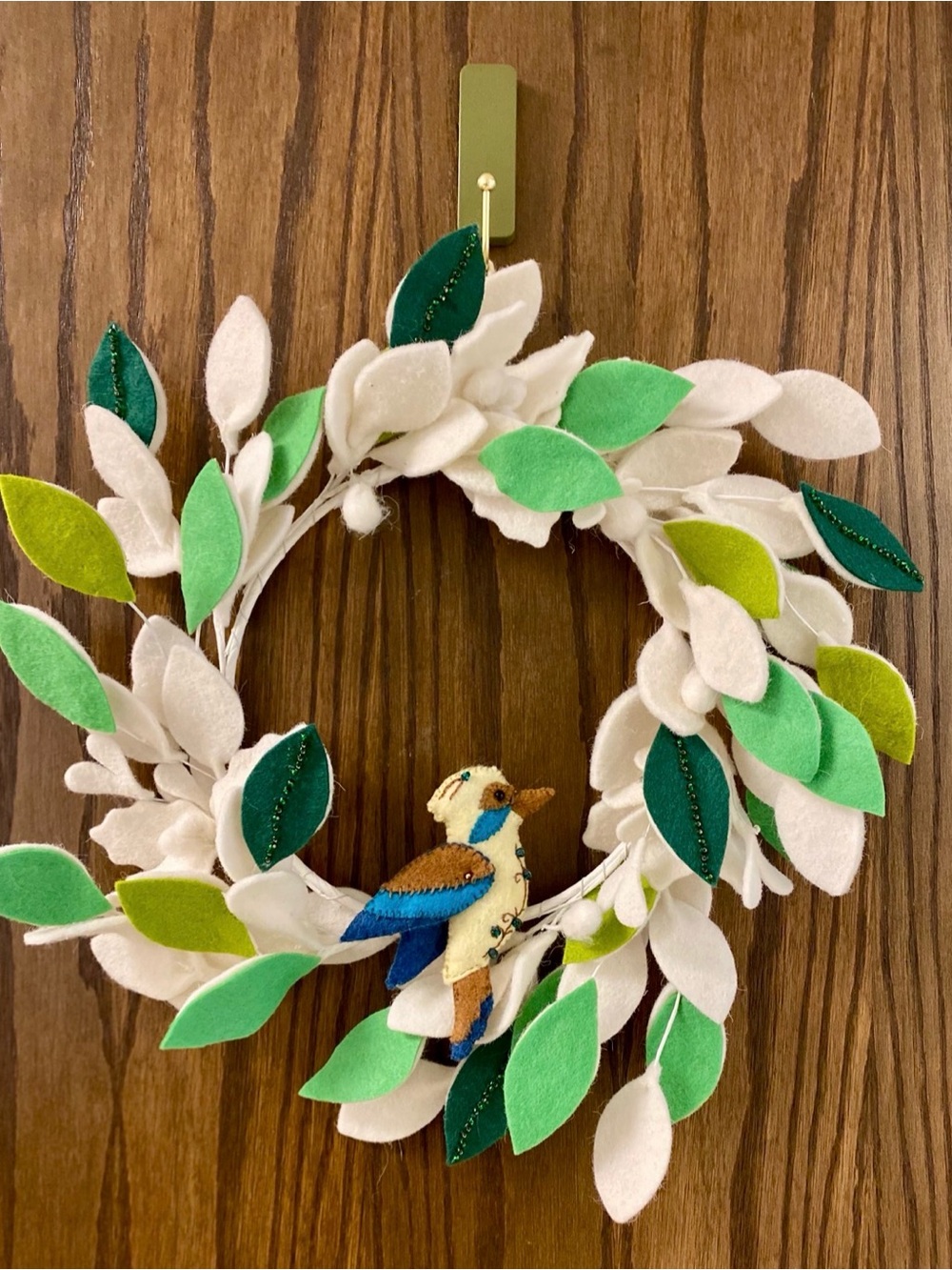 Handmade wool, White and Green Felt Wreath with Kookaburra